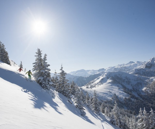 Das beste nach dem anstrengenden Aufstieg: die Abfahrt über Tiefschneefelder und Piste ins Tal von Kleinarl! © Wagrain-Kleinarl Tourismus